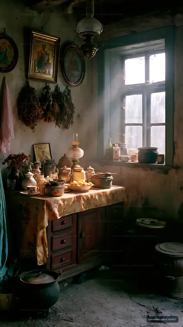 Vintage kitchen with rustic decor and sunlight through window