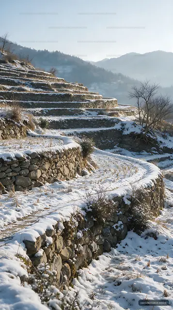 Snowy mountain terraces beneath a misty winter sky