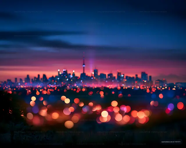 Abstract twilight skyline with vibrant city light bokeh
