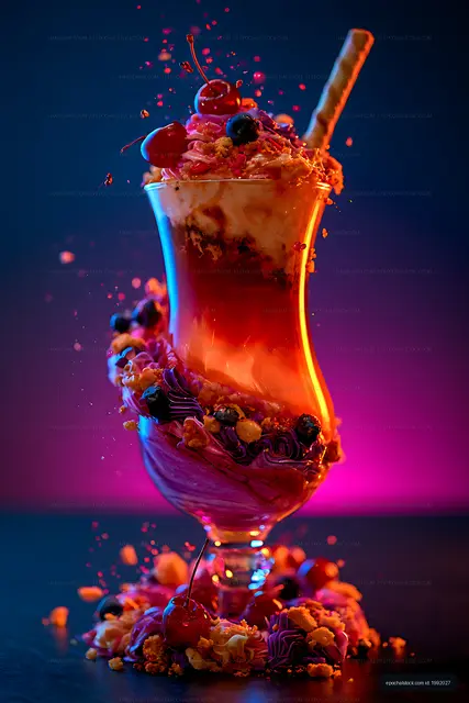 Dramatic colorful fruit parfait in a dessert glass