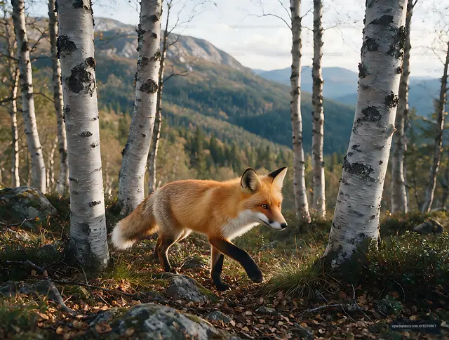 Fox crossing a birch forest with mountain backdrop