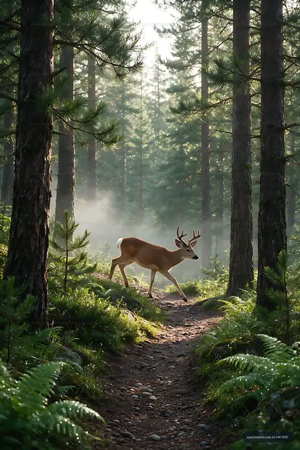 Wild buck crossing a misty pine forest trail