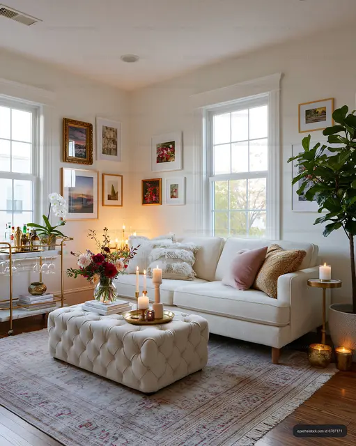 Bright refined living room interior with floral arrangement