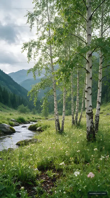 Birch trees framing a mountain valley stream