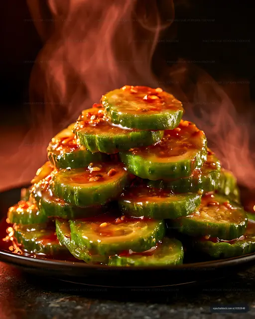 Glossy cucumber slices with reddish sauce