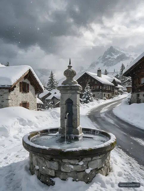 Historic fountain and snowy Swiss mountain village