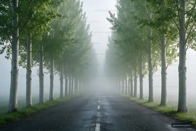 Misty Wet Road Between Rows of Poplar Trees