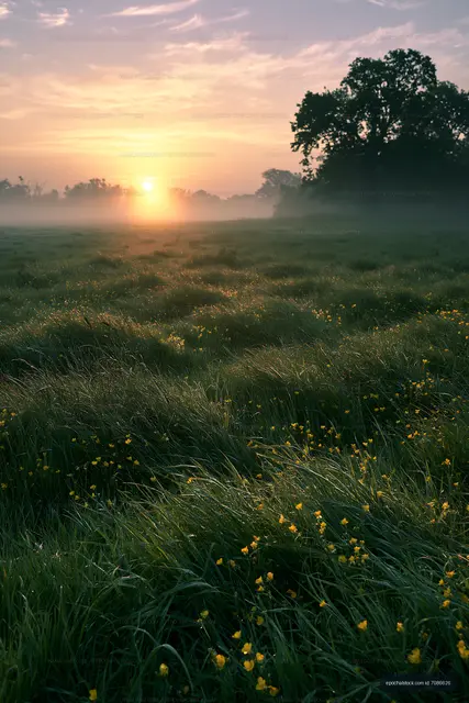 Sunrise over a misty field with blooming yellow flowers