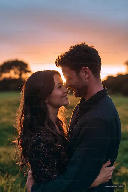 Two people embracing in a glowing sunset field