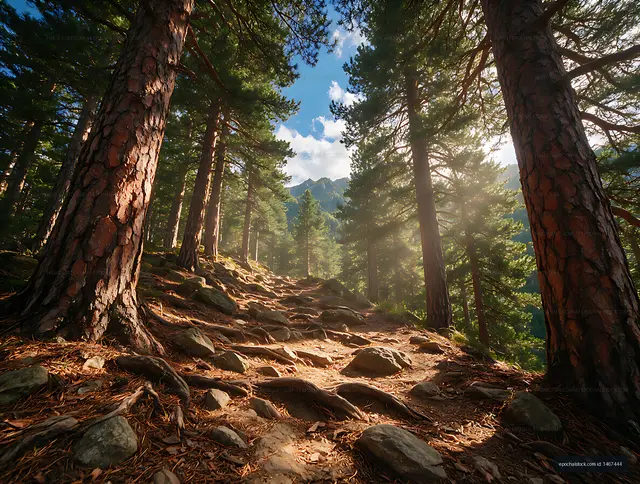 Sunlit rocky path in a mountain pine forest