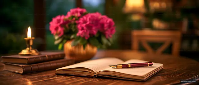Open journal and fountain pen in a candlelit interior