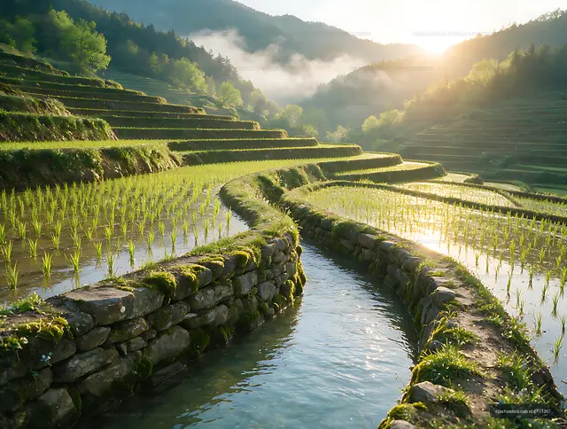 Green rice terraces illuminated by morning mountain light