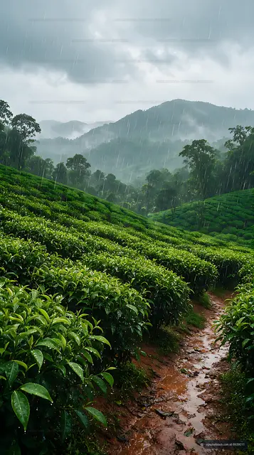Misty rainy landscape through a mountain tea plantation