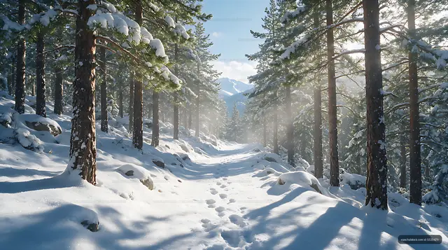 Sunlit snowy trail in a mountain pine forest