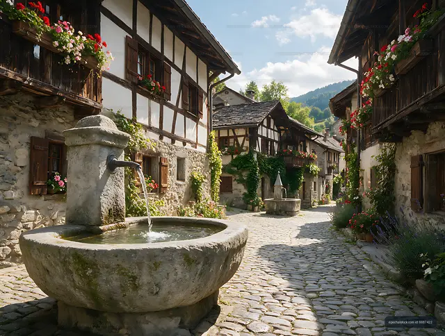 Flowing Swiss village fountain with traditional flower-filled homes