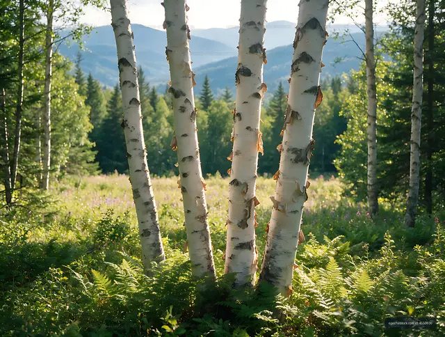 White birch forest overlooking layered mountains
