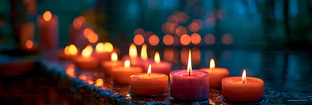 Candle flames glowing against a dark reflective background