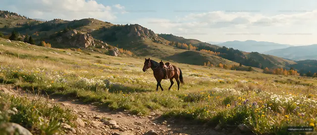 Horse walking across a scenic mountain meadow