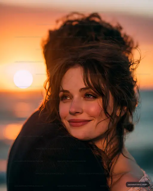 Woman smiling in a softly lit sunset portrait