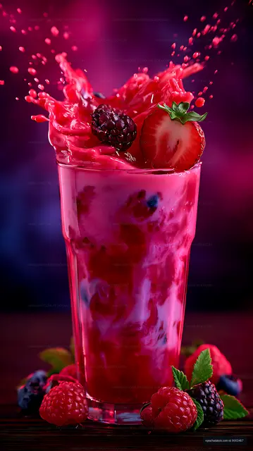 Berry smoothie in glass with dramatic splash