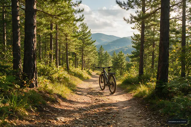 Mountain Bike on Sunlit Pine Forest Trail