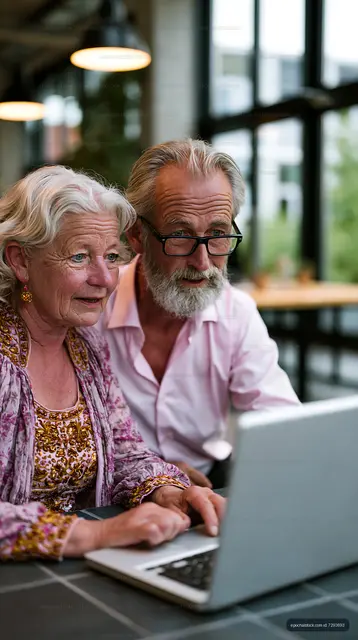 Older couple enjoying time together in a cafe using a laptop
