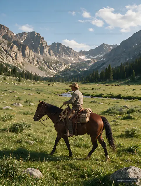 Horse and rider in a mountain meadow landscape