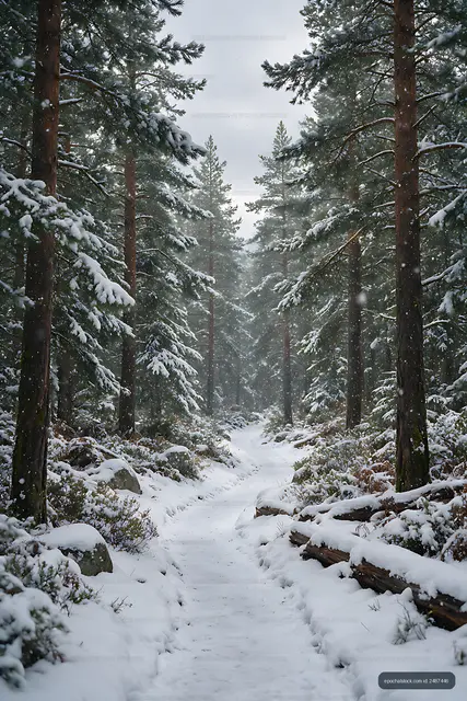Snowy mountain path among pine trees