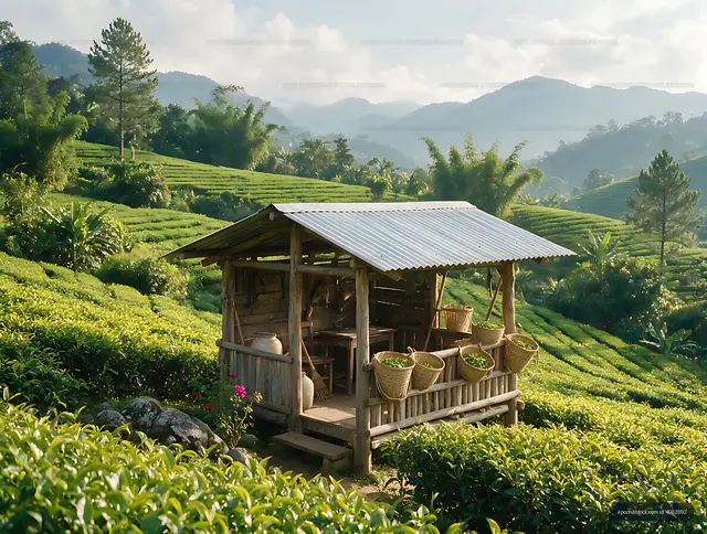 Tea plantation landscape with mountain valley shelter