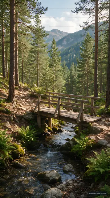 Mountain forest path with bridge over a rocky stream
