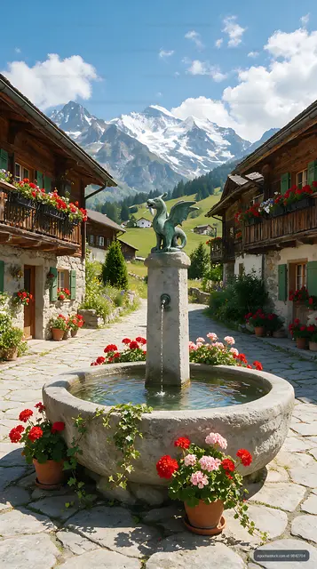 Dragon fountain in a flower-filled Swiss mountain village