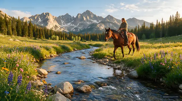 Horseback riding through a mountain meadow and stream
