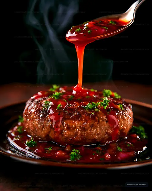 Close-up meatloaf with glossy sauce and fresh herbs