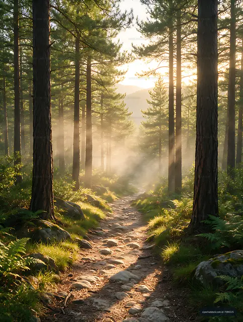 Misty Mountain Path Among Tall Pine Trees