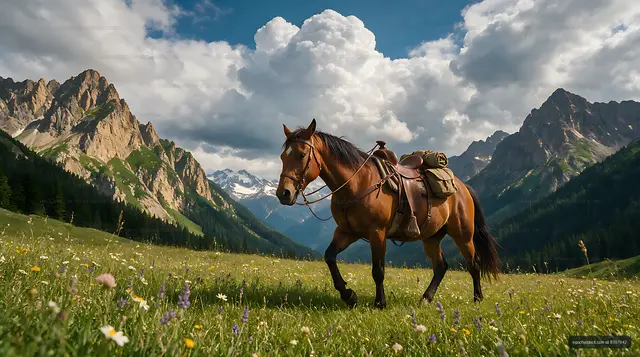 Horse riding across a scenic alpine meadow