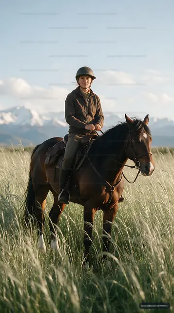 Equestrian rider crossing a mountain meadow