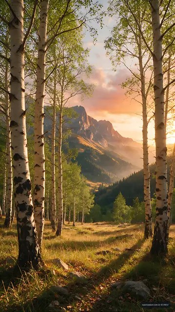 Golden light through a birch forest toward mountains