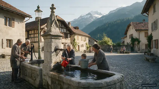 Swiss village fountain beside traditional Alpine houses
