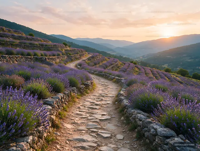 Winding path through flowering mountain terraces
