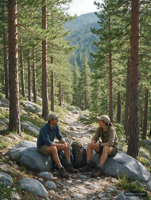 Hikers resting among pines on a mountain path