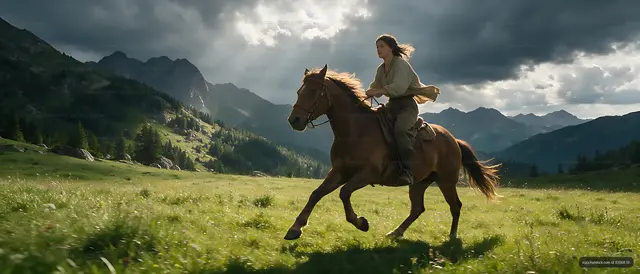 Horse and rider traveling across a mountain meadow