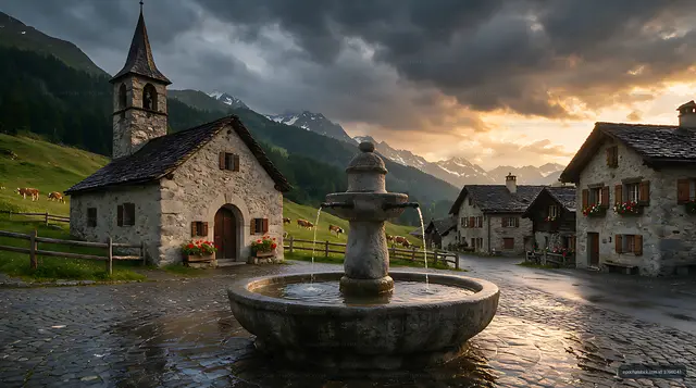 Swiss village fountain and traditional Alpine houses