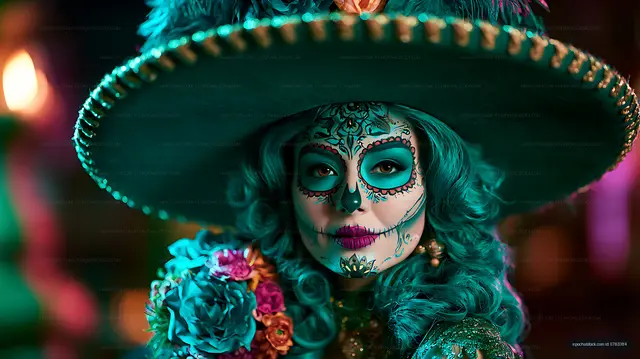 Woman with sugar skull face paint and vibrant sombrero