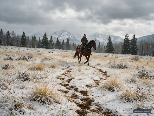 Horseback rider traveling across a snowy mountain meadow