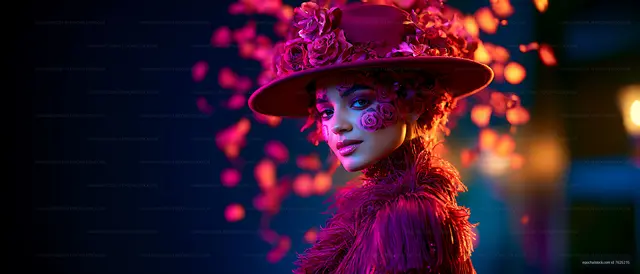 Theatrical fashion portrait with floral hat and feathered cape