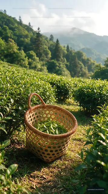Woven basket of tea leaves among mountain tea plants