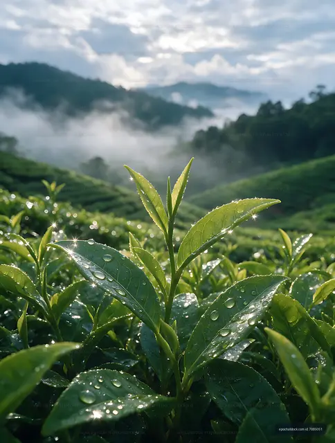 Dewy Tea Plant Against Misty Mountain Hills