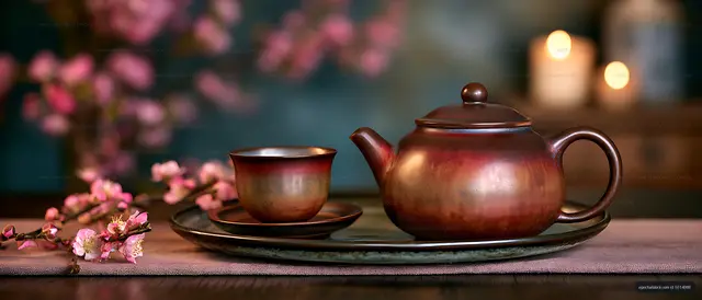 Teapot and teacup surrounded by flowers and warm light