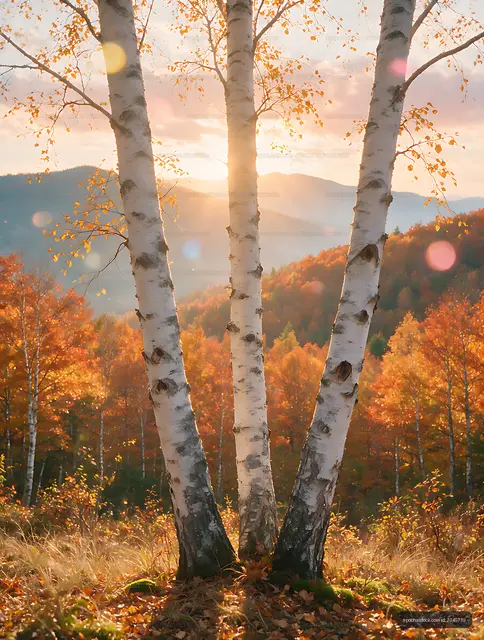 Golden autumn birch forest and mountain landscape