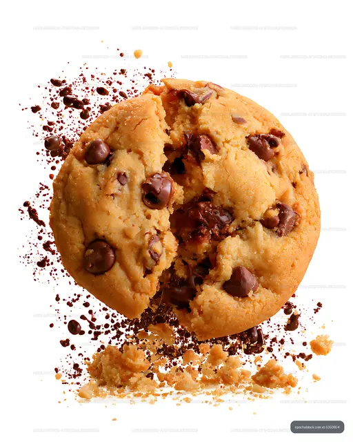 Chocolate chip cookie crumbling on a white background